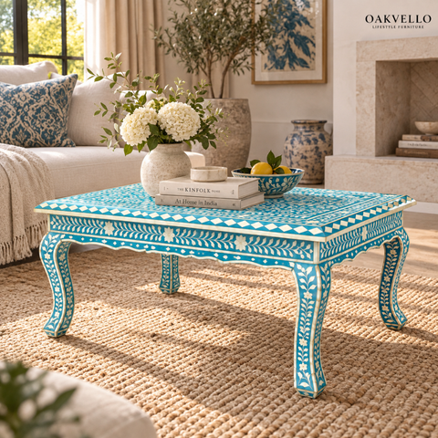 Blue Floral Bone Inlay Coffee Table I Oakvello