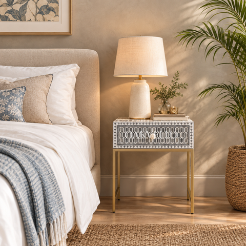 Bone Inlay Geometric Single Drawer Bedside Table with Gold Metal Legs – Grey & White