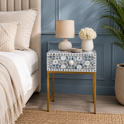 Bone Inlay Bedside Table with Gold Metal Legs – Grey & White Geometric Pattern