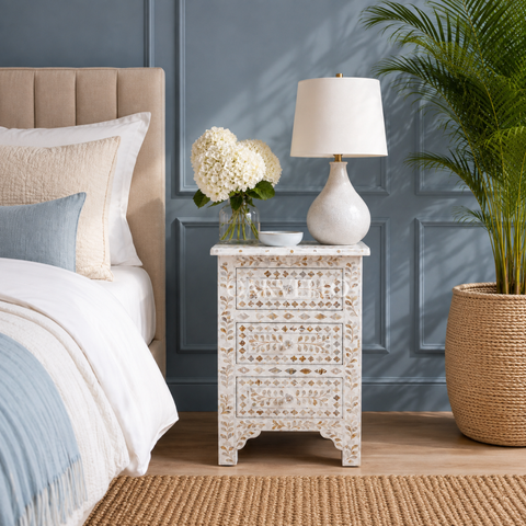 Grey Floral Bone Inlay 2-Drawer Bedside Table – 60 x 40 x 30 cm