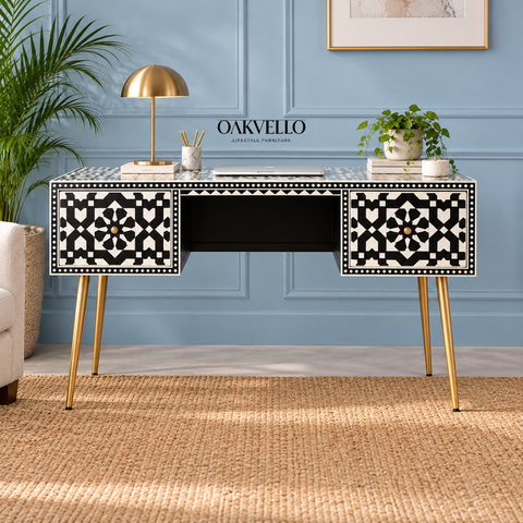 Ajmeri Black Bone Inlay Console Desk with 2 Drawers – Oakvello