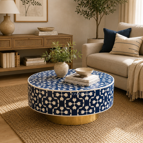 Navy Blue Star & Lotus Bone Inlay Round Coffee Table with Brass Base