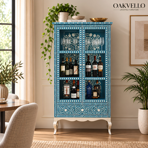 Teal Bone Inlay Glass-Door Bar Cabinet with Cabriole Legs