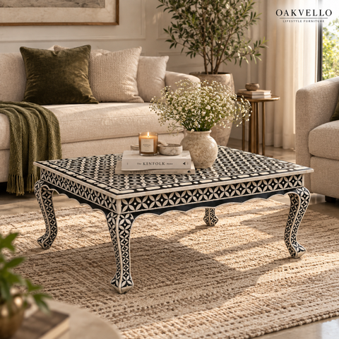 Oakvello Handcrafted Black and White Bone Inlay  Rectangular  Coffee Table