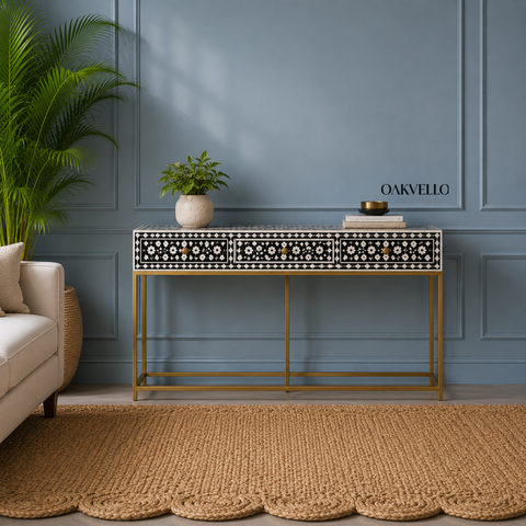 Noir Bloom Console Table | Black & White Bone Inlay with Brass Knobs