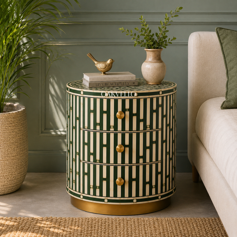 Emerald Lattice Bedside Chest – Bone Inlay Drum Nightstand