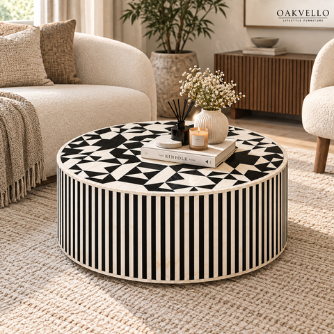 Black & White Diamond Round Bone Inlay Coffee Table | Handcrafted Artisan Living Room Furniture – Oakvello