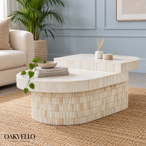 Ivory Layered Bone Inlay Coffee Table | Handcrafted Artisan Living Room Furniture – Oakvello