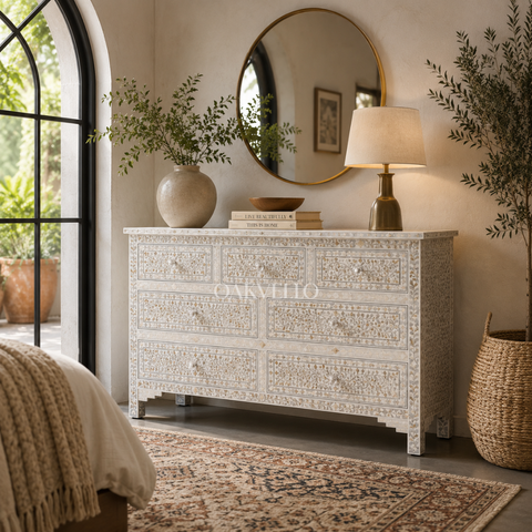 Bone Inlay Floral 7-Drawer Wide Dresser – White