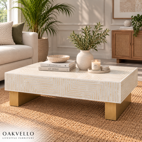 Handcrafted White and Gold Bone Inlay Coffee Table I Oakvello