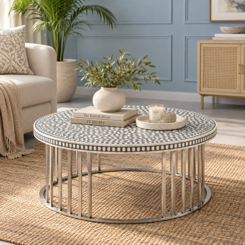 Bone Inlay Coffee Table with Metal Stand | Handcrafted Artisan Living Room Furniture – Oakvello