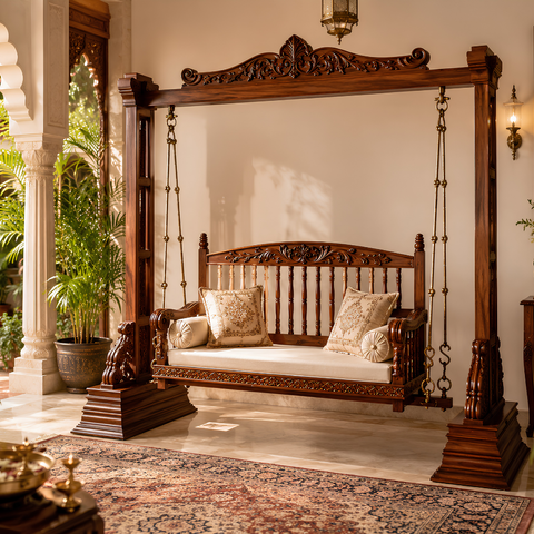 The Rajwada Swing – Handcrafted Teak Wood Indian Courtyard Swing with Beige Fabric