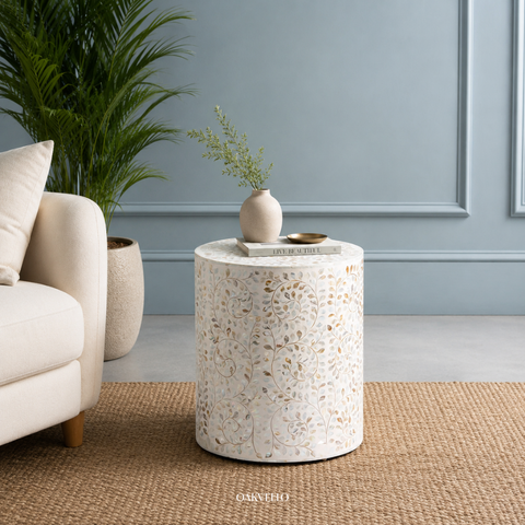 Pearl White Trailing Vine Shell Inlay Round Drum Side Table