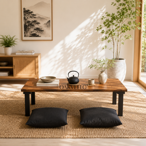 Mori Low Table | Solid Wood Floor Dining Table with Metal Legs