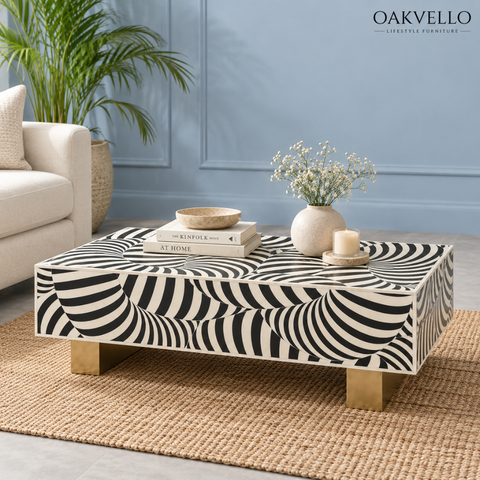 Oakvello Handcrafted Black and White Bone Inlay Coffee Table