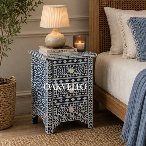 Indigo Garden Floral & Diamond Bone Inlay 3-Drawer Bedside Table
