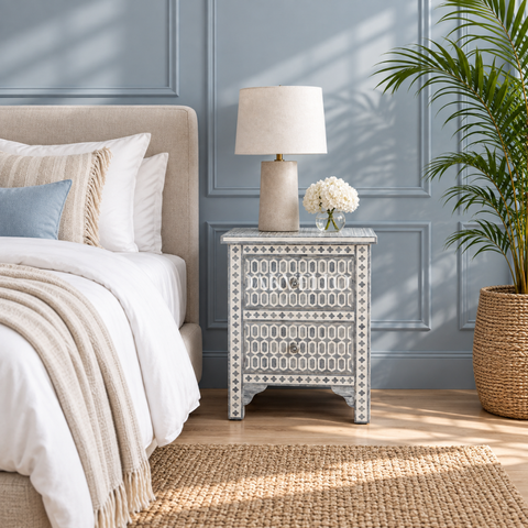 Bone Inlay Geometric 2-Drawer Bedside Table – Grey & White