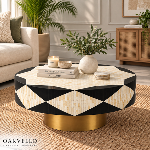 Noir Geometric Bone Inlay Coffee Table| Handcrafted Artisan Living Room Centre Table – Oakvello