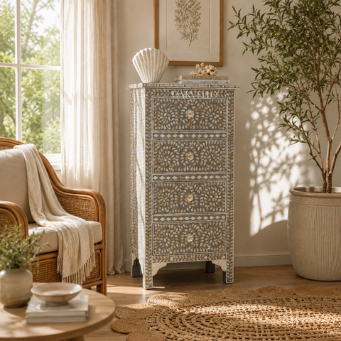 Bone Inlay Floral Slim Tallboy Chest – Grey