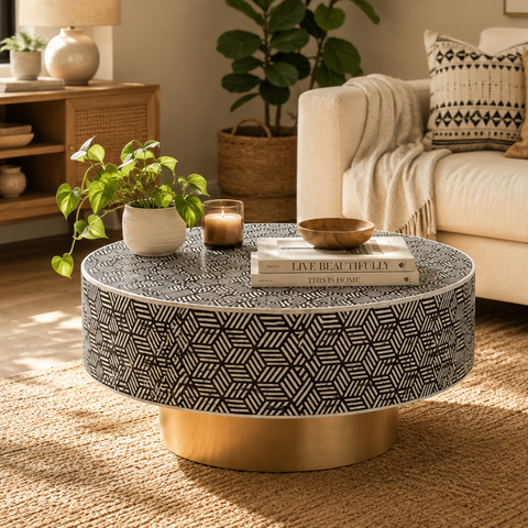 Round Bone Inlay Geometric Diamond Coffee Table | Black & White | 90cm