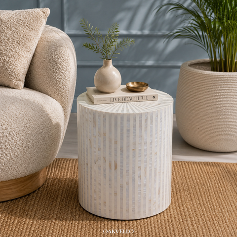 Ivory Sunburst Bone Inlay Drum Side Table