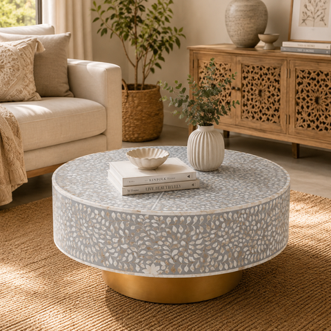 Round Bone Inlay Floral Coffee Table with Brass Gold Base