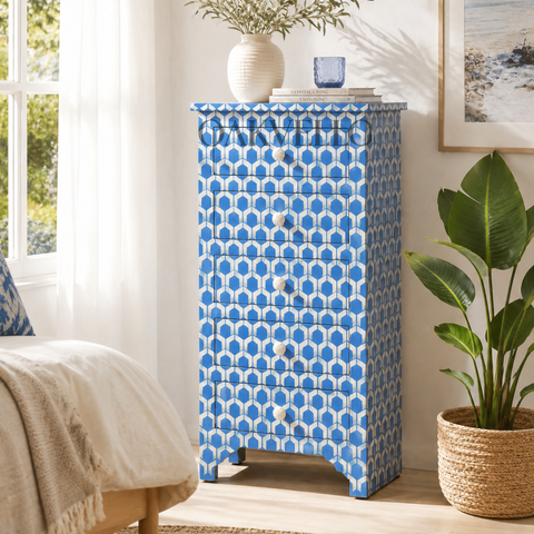 Bone Inlay Honeycomb 5-Drawer Chest of Drawers – Cobalt Blue