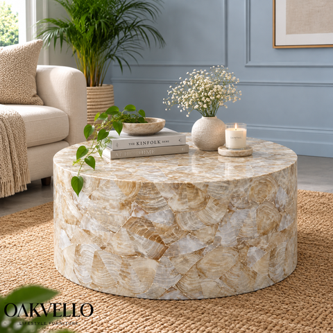 Monochrome Luxe Round Bone Inlay Coffee Table | Handcrafted Artisan Living Room Furniture – Oakvello