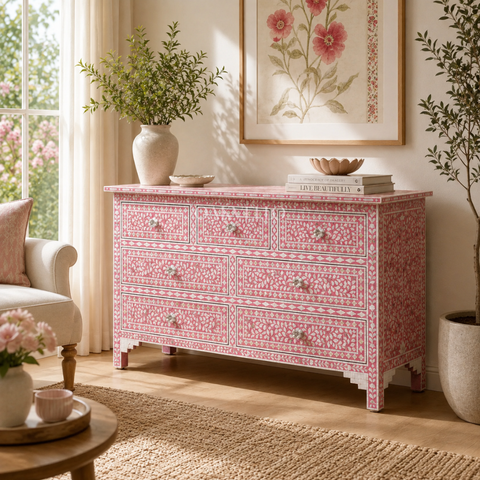 Pink Floral Bone Inlay 7-Drawer Dresser