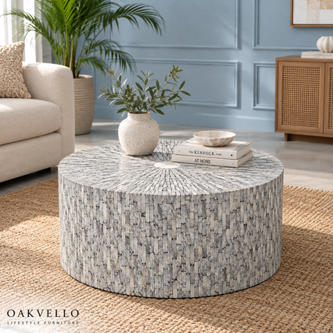 Aurelia Round Bone Inlay Coffee Table | Handcrafted Artisan Living Room Furniture – Oakvello