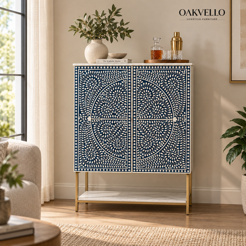 Blue & White Bone Inlay Bar Cabinet with Marble-Effect Top