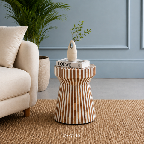 Striped Bone Inlay Side Table – Handcrafted Accent Table