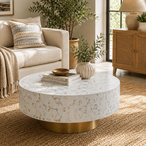 Round Pearl Inlay Coffee Table with Brass Gold Base | 90cm