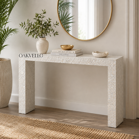 Pearl Shell Inlay Console Table – Handcrafted Solid Wood Entryway Table
