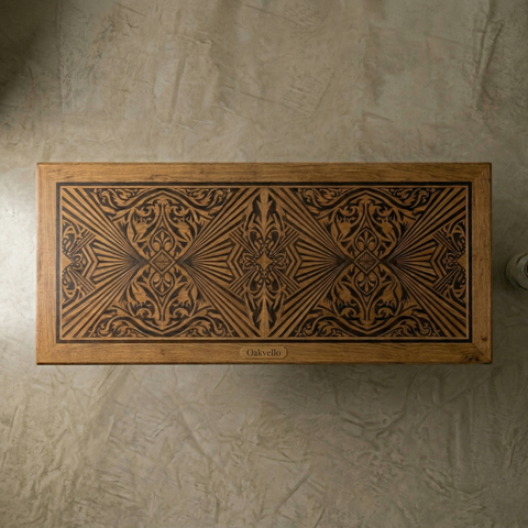 Mandala Anchor Teak Wood Dining Table | Marquetry Trestle Design – Oakvello