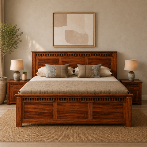 Timber Panel Bed | Solid Mango Wood Bed with Slatted Base | Oakvello
