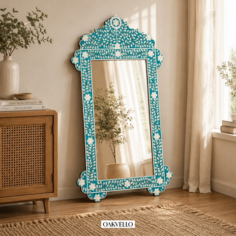 Teal Floral Bone Inlay Full Length Mirror handcrafted with white floral bone inlay pattern on teal frame, 180x100cm