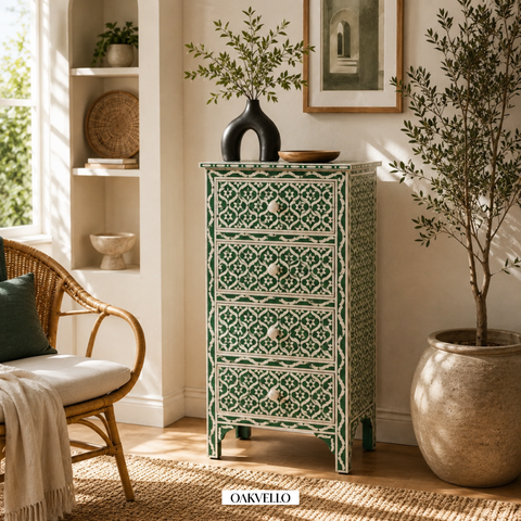 Bone Inlay Geometric Tall Chest of Drawers – Forest Green