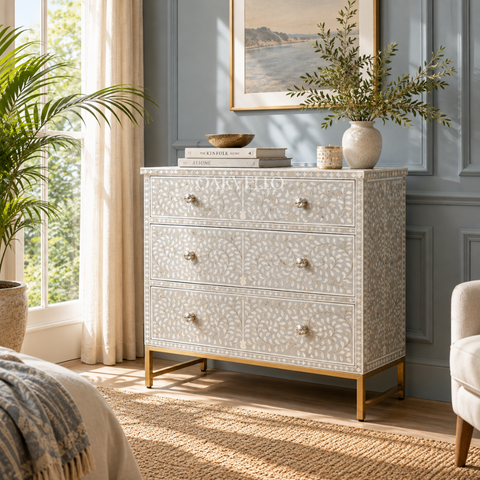 Bone Inlay Floral 3-Drawer Dresser – White & Grey