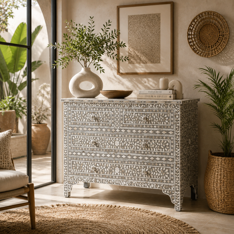 Grey Floral Bone Inlay 4-Drawer Chest of Drawers