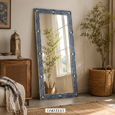 Bone Inlay Full Length Floor Mirror – Navy Blue Floral & Star Pattern