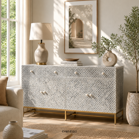 Bone Inlay Moroccan Trellis 4-Door Sideboard – Grey & White
