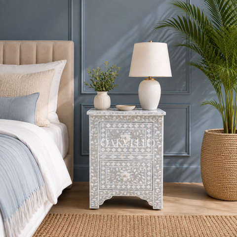 Grey Floral Bone Inlay 2-Drawer Bedside Table