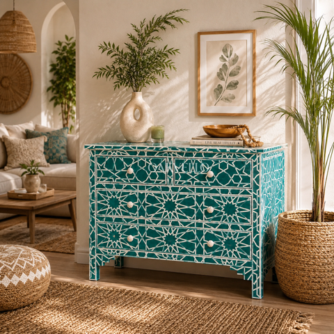 Teal Geometric Bone Inlay 4-Drawer Chest of Drawers
