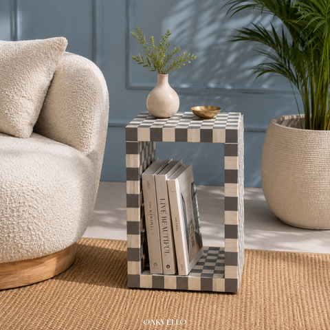 Checkerboard Bone Inlay Open Shelf Side Table