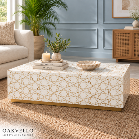Handcrafted White and Gold Bone Inlay Coffee Table I Oakvello