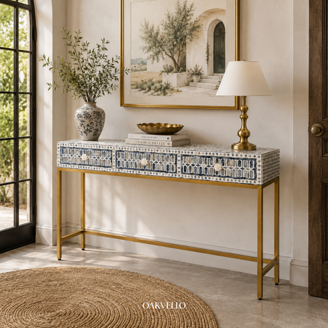 Bone Inlay Geometric 3-Drawer Console Table – Grey & White