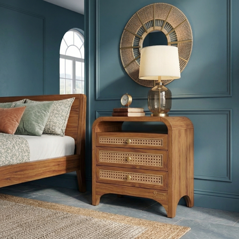 Aethel Teak Wood Cane Bedside Table | Mid-Century Nightstand – Oakvello