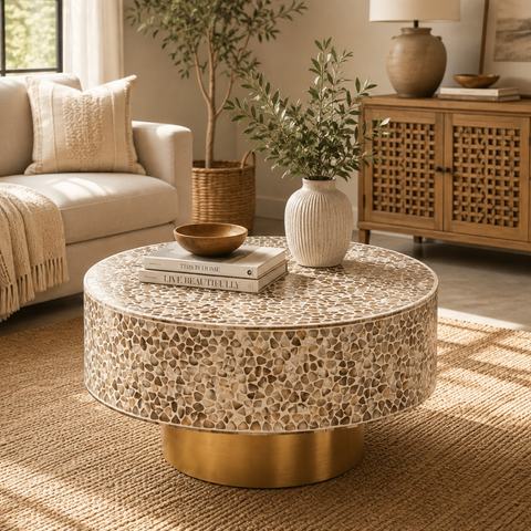 Round Pearl Inlay Coffee Table with Brass Gold Base