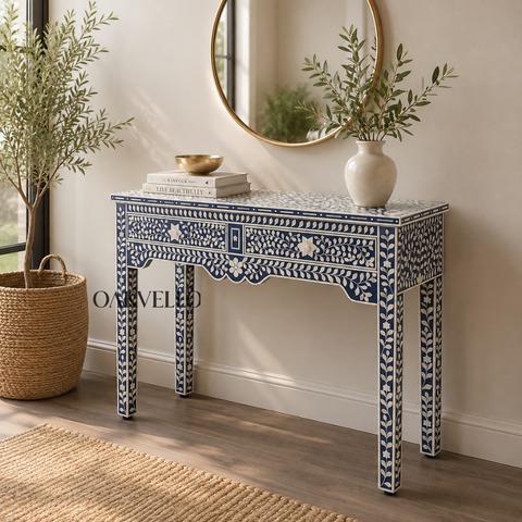 Bone Inlay Floral Console Table – Navy Blue & White